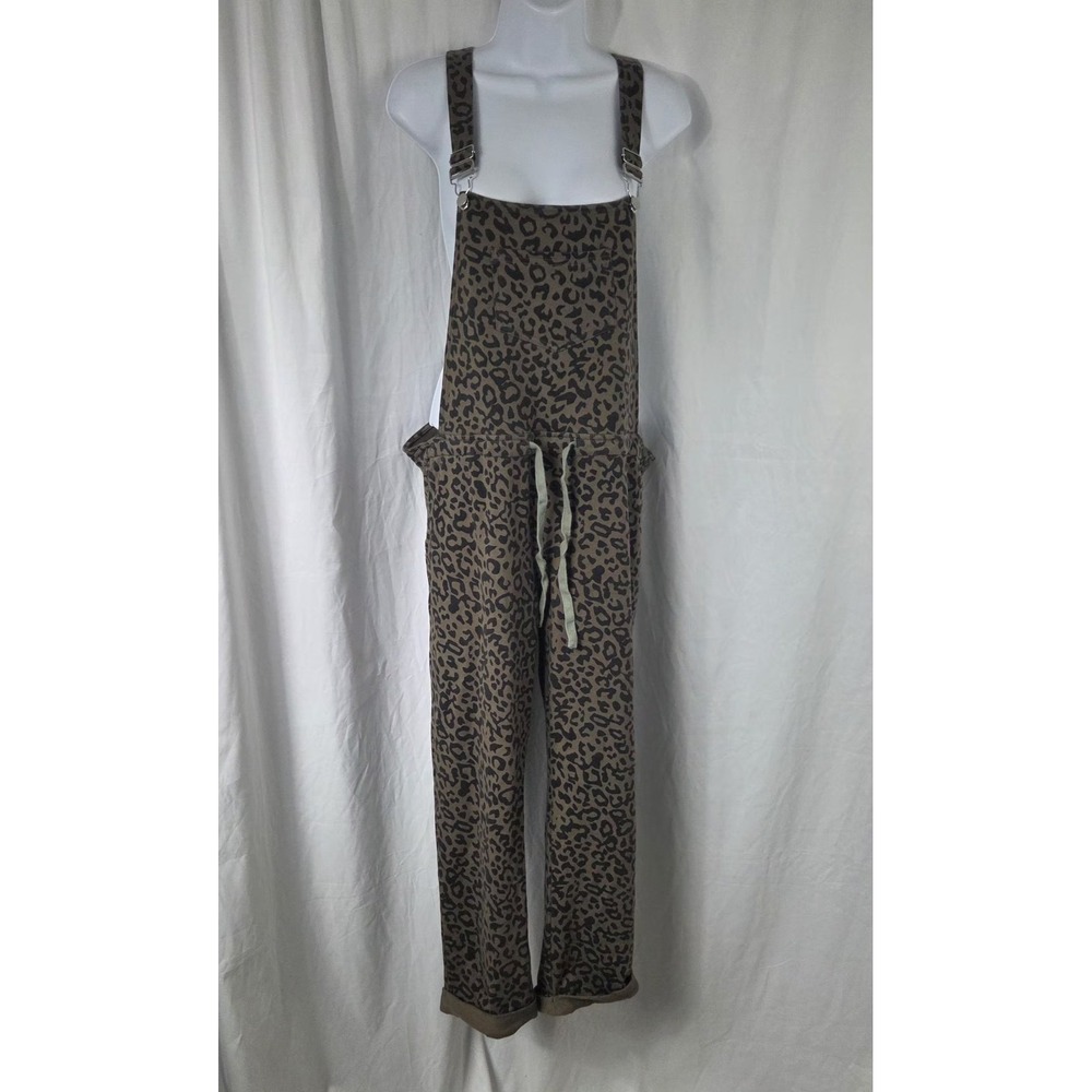Blue Buttercup Overalls Womens Large Brown Leopard French Terry Bib Pockets